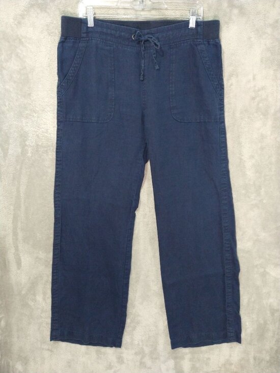 Athleta Pants - Athleta Cabo Pants Womens 14 Navy Blue Linen Wide Leg Pull On Mid Rise Beachy